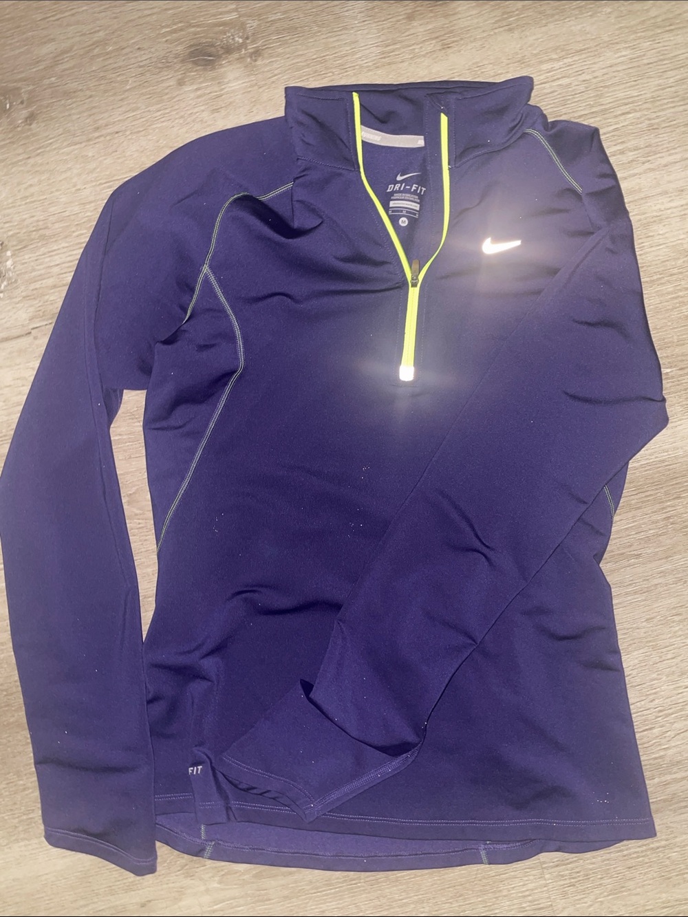 Nike Women's Purple Long-Sleeve Dri-FIT Quarter Zip Top with Neon Green Trim